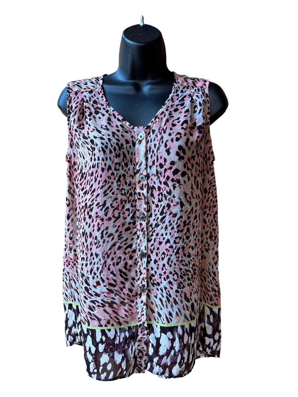 CAbi Pink Leopard Print Sleeveless Button-Front Blouse